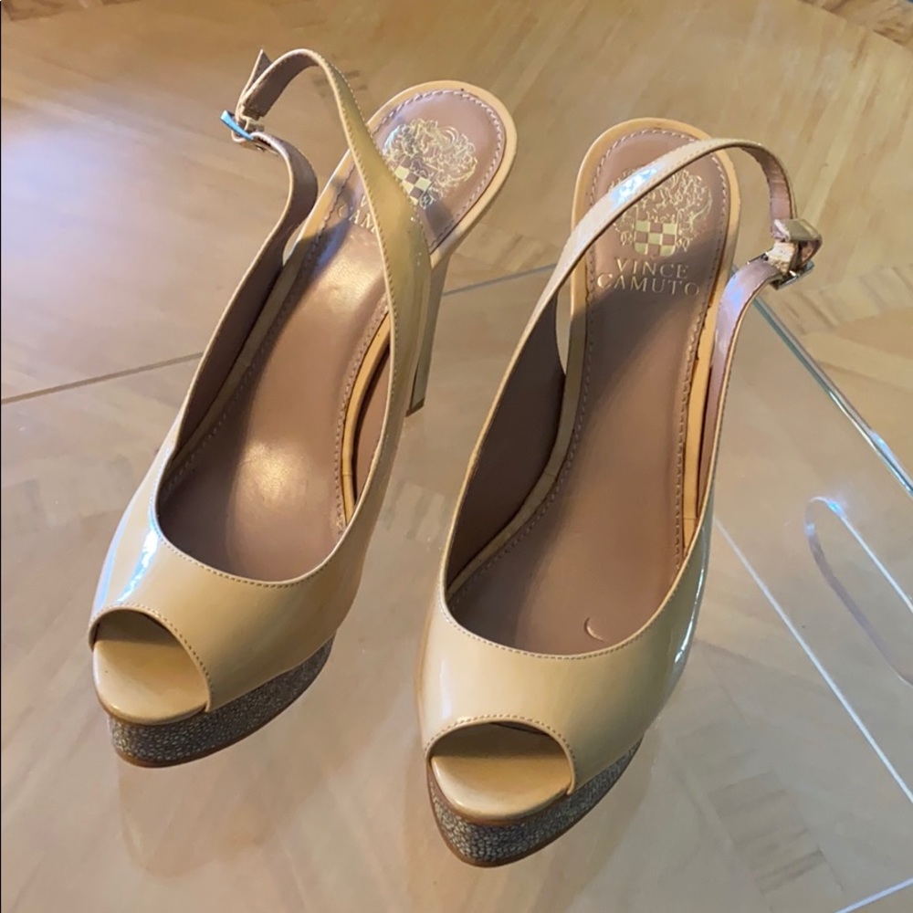 Nude patent leather platform heels